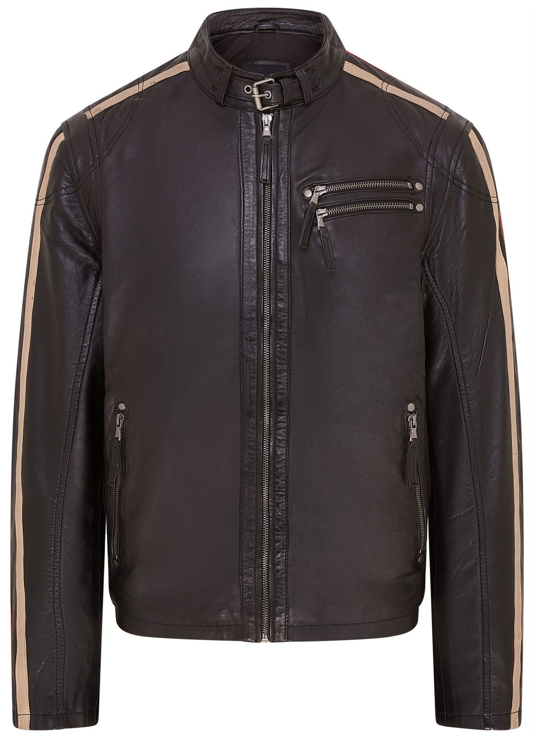 Mens Striped Café Racer Biker Leather Jacket - Alta