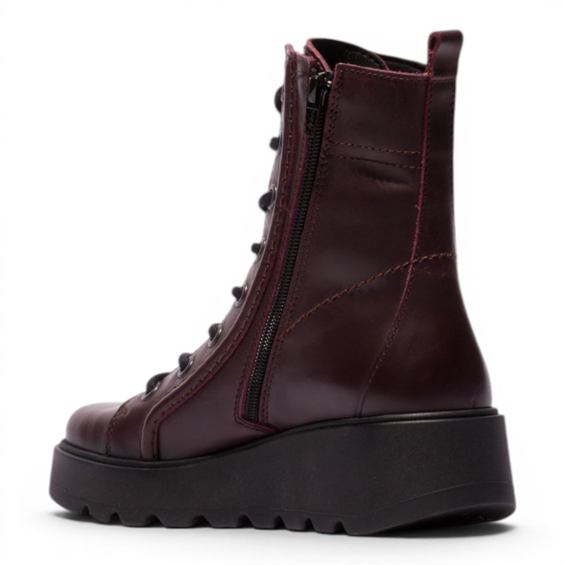 Fly London Womens Wine Leather Lace-Up Wedge Heel Combat Boots - TERY554