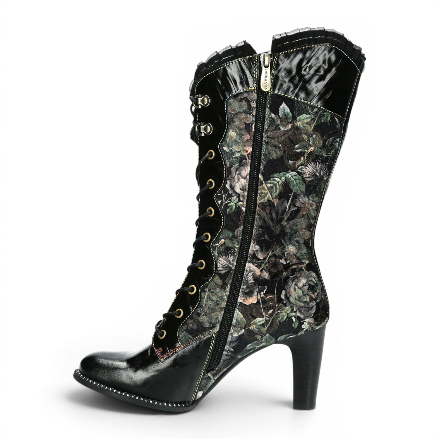 Laura Vita Floral Womens Goth Victorian Black Leather Heeled High Boots - Alcbane-351