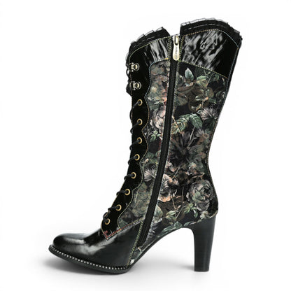 Laura Vita Floral Womens Goth Victorian Black Leather Heeled High Boots - Alcbane-351