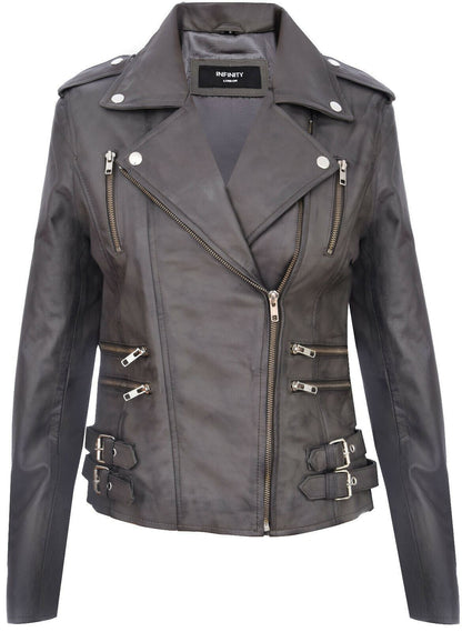 Womens Leather Brando Biker Jacket-Loddon