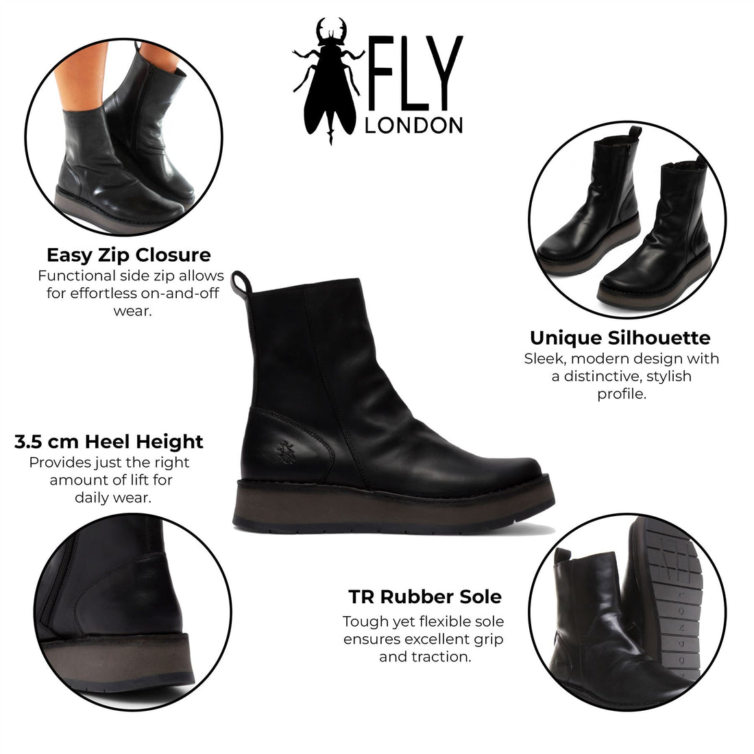 Fly London Womens Black RENO053FLY Leather Zip Up Platform Comfort Ankle Boots