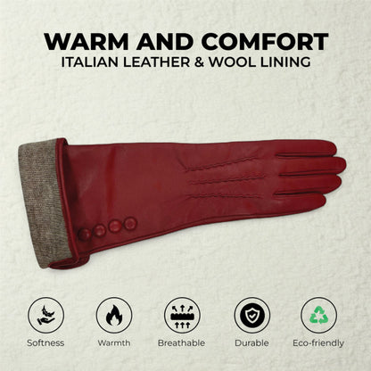 Womens Long Italian Leather Winter Button Design Soft Wool Lining Gloves - L-GLV-201