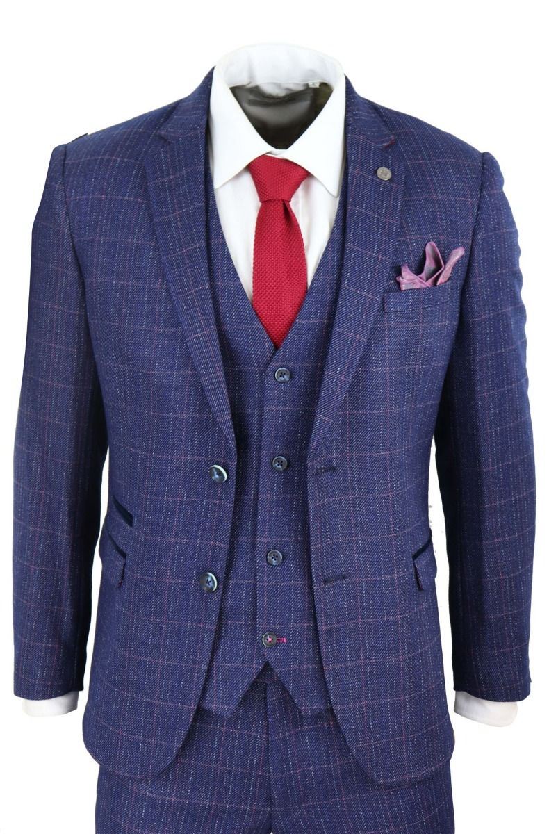 Mens 3 Piece Blue Herringbone Check Vintage Classic Suit - Upperclass Fashions 