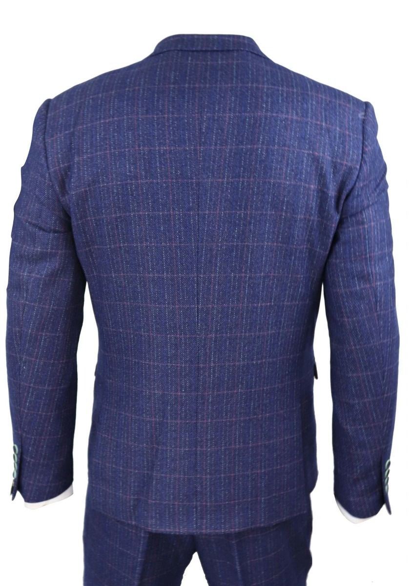 Mens 3 Piece Blue Herringbone Check Vintage Classic Suit - Upperclass Fashions 