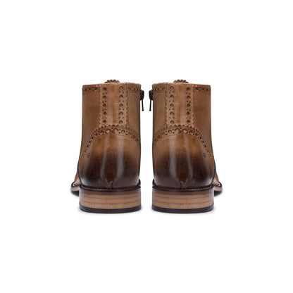 Mens Classic Oxford Tan Leather Gatsby Brogue Ankle Boots with Green Tweed