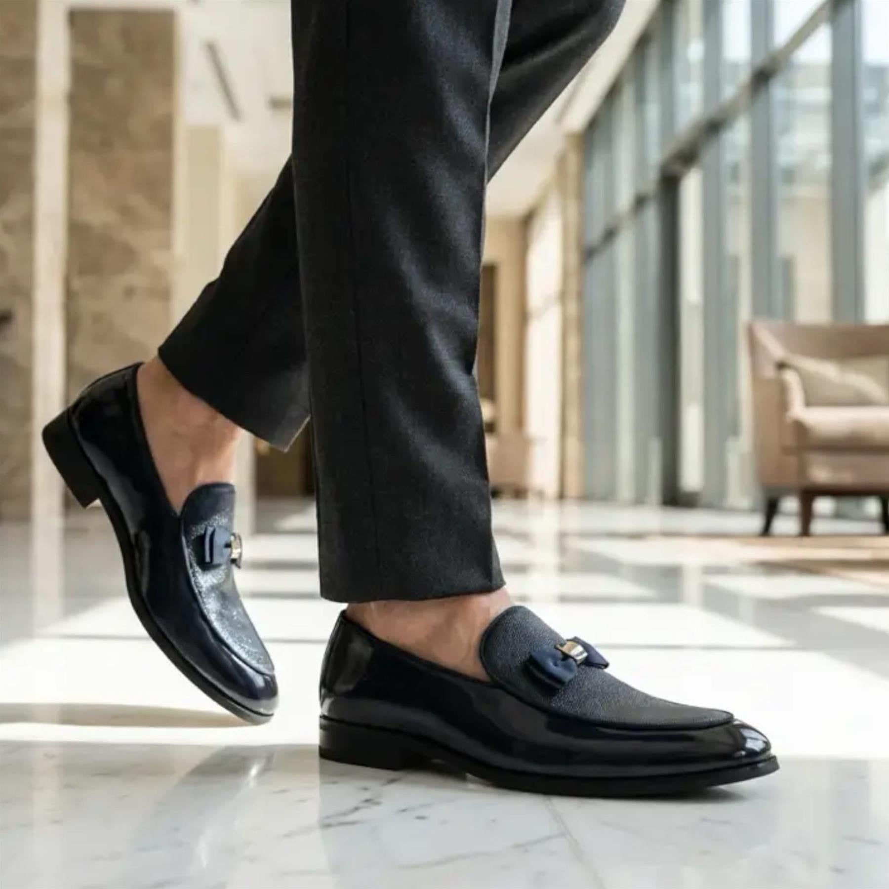 Mens Navy Blue Textured Front Iconic Buckle Bow Loafers Shoes