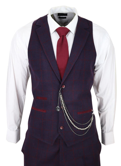 Mens 3 Piece Tweed Suit Plum Purple Check Peaky Blinders Classic 1920 Gatsby - Upperclass Fashions 