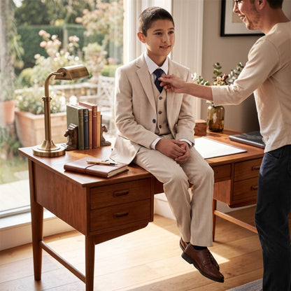 Boys Cream 3 Piece Check Formal Suit - Regent