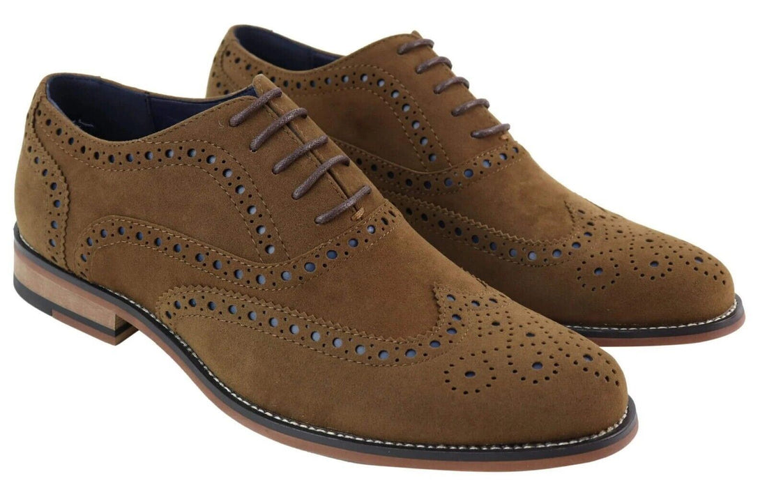 Mens Classic Oxford Brogue Shoes in Tan/Navy Suede - Upperclass Fashions 