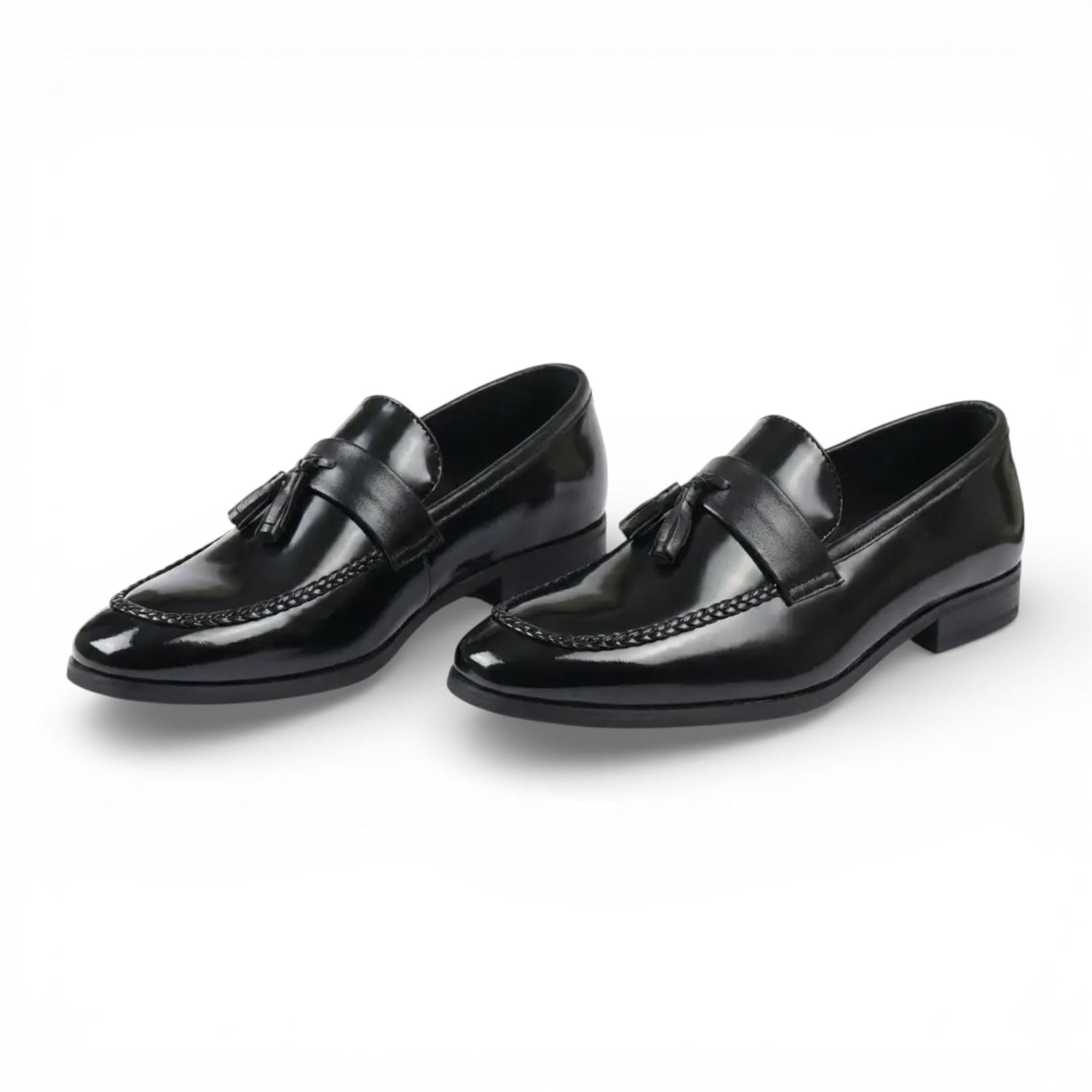 Mens Olive Tassel High-Gloss Patent Faux Leather Formal Loafers Shoes