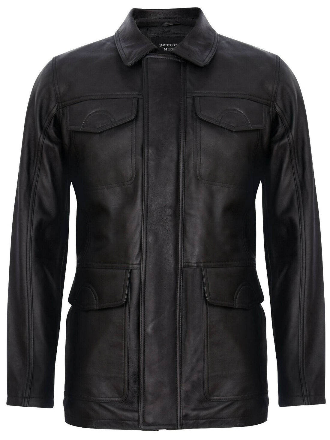 Mens Mid-Length Black Leather Safari Jacket-Fareham