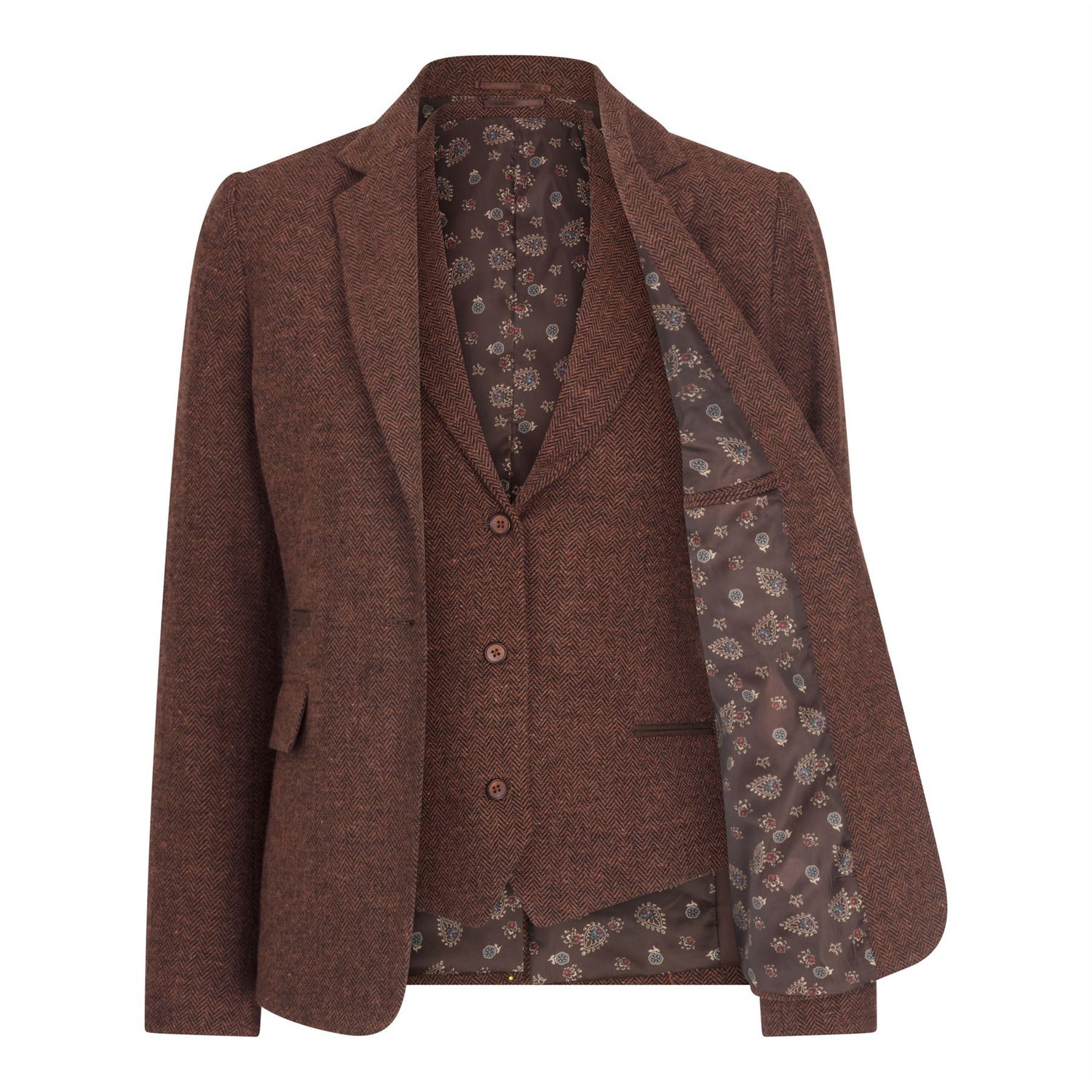 Women's Rust Brown Herringbone Wool Tweed Check Blazer