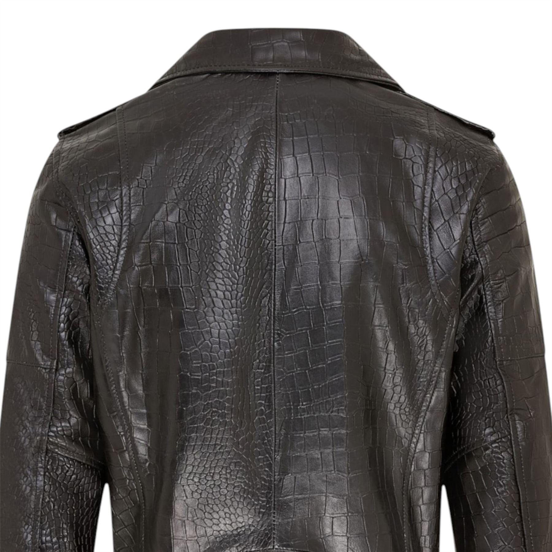 Mens Cow Leather Alligator Print Embossed Biker Jacket - Rot