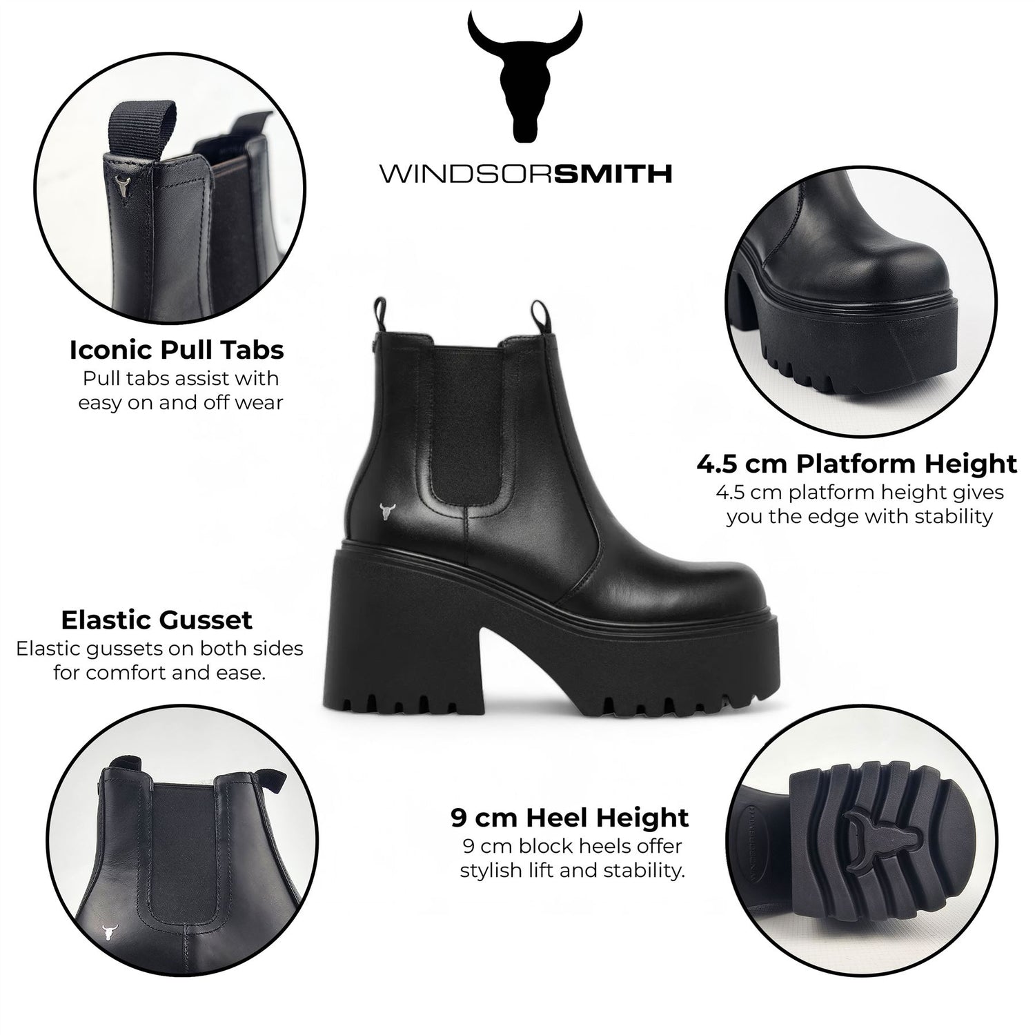 Windsorsmith Black Leather Platform Chelsea Boots - Tricky