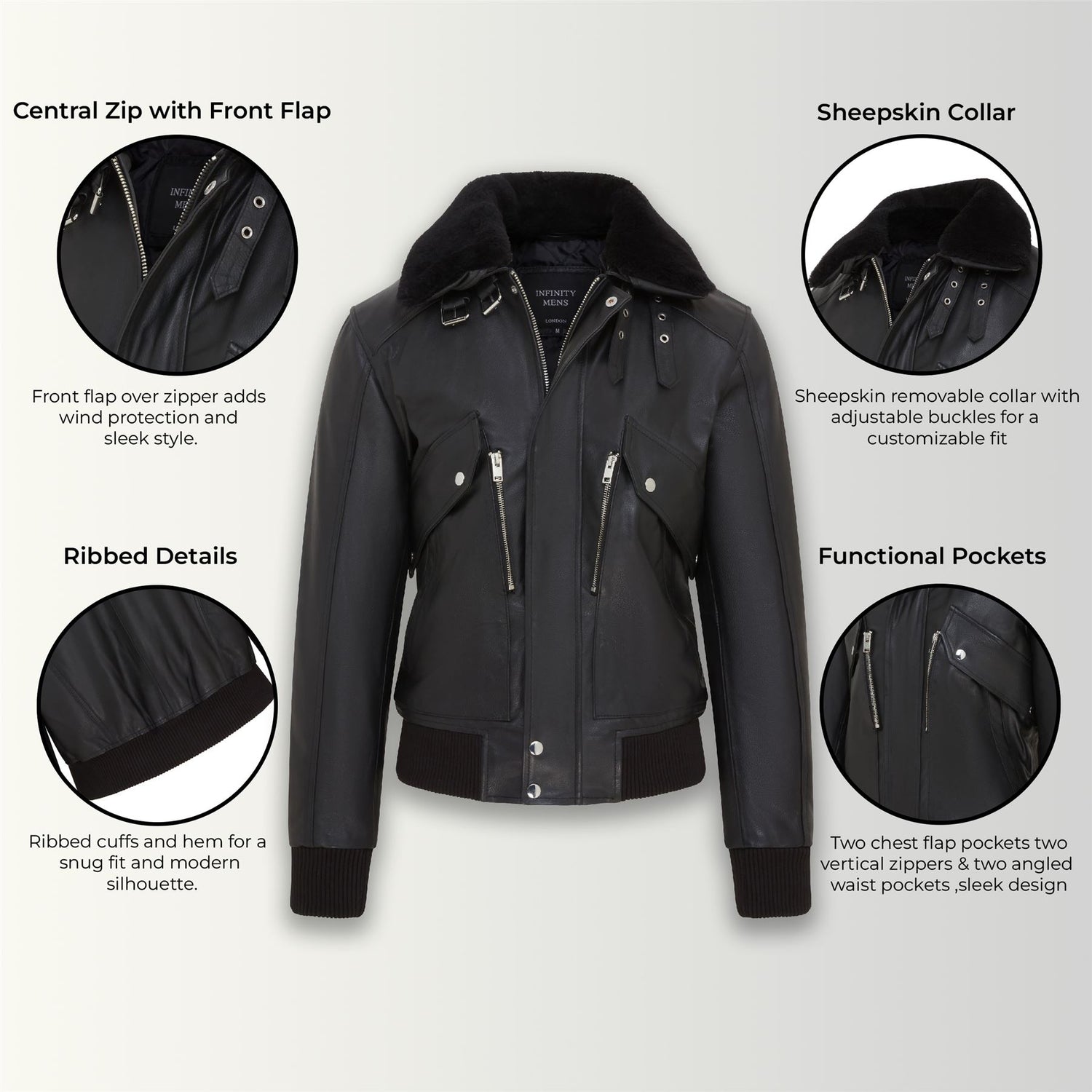 Mens Black Leather Cowhide Aviator Bomber Jacket  - Akhiok