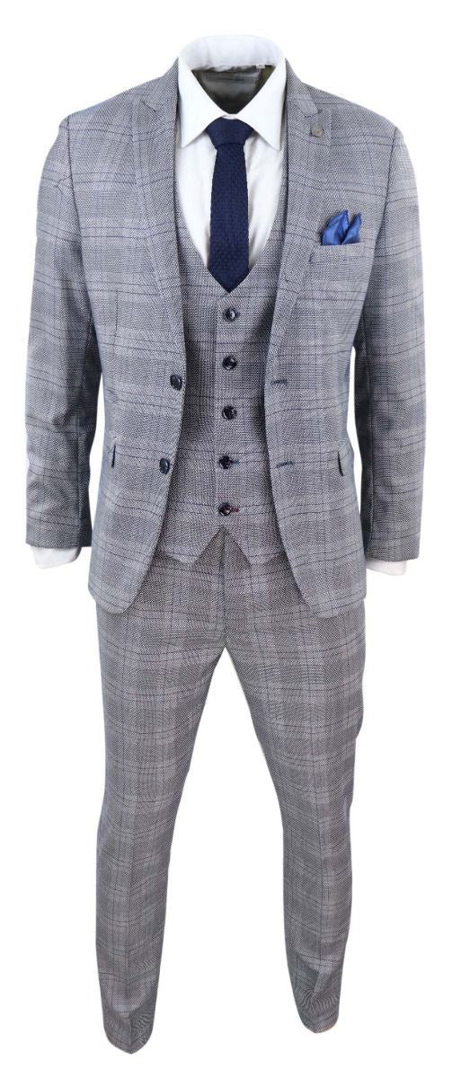 Mens 3 Piece Grey Birdseye Check Classic Suit - Upperclass Fashions 