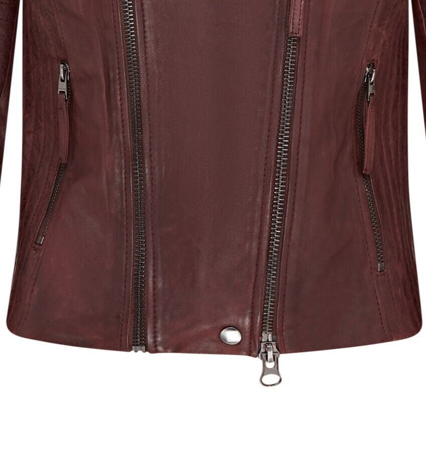 Womens Burgundy Biker Leather Jacket - Watlington