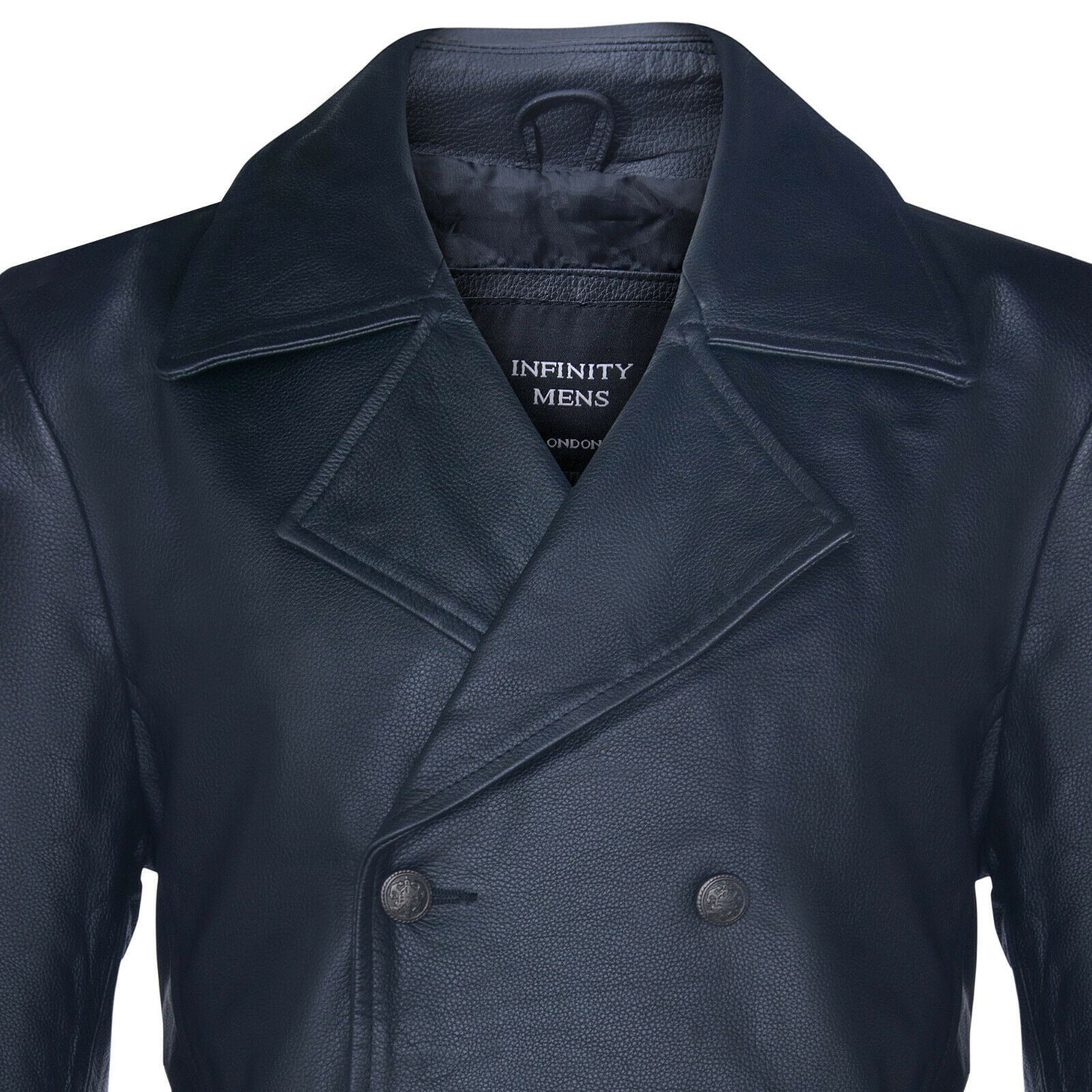 Mens Long Black Cowhide Leather Peacoat-Ellesmere - Upperclass Fashions 