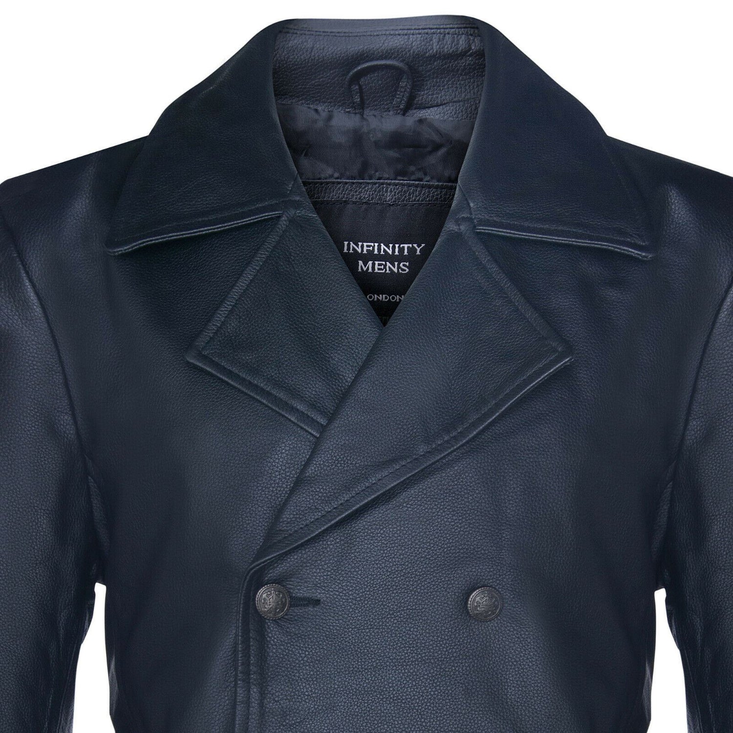 Mens Long Black Cowhide Leather Peacoat-Ellesmere