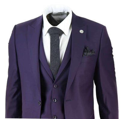 New Mens 3 Piece Suit Plain Purple Classic Tailored Fit Smart Casual 1920s Formal