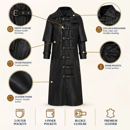 Mens Leather Full Length Buckle Gothic Long Trench Coat - Captain
