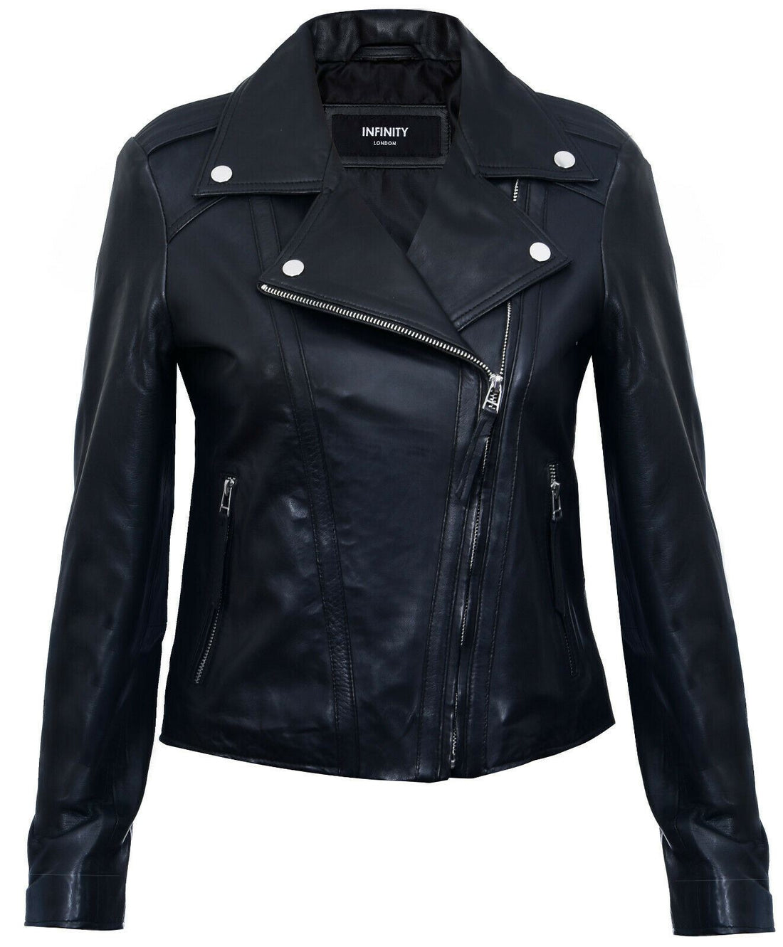 Womens Classic Black Leather Biker Jacket-Maryport