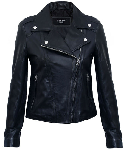 Womens Classic Black Leather Biker Jacket-Maryport