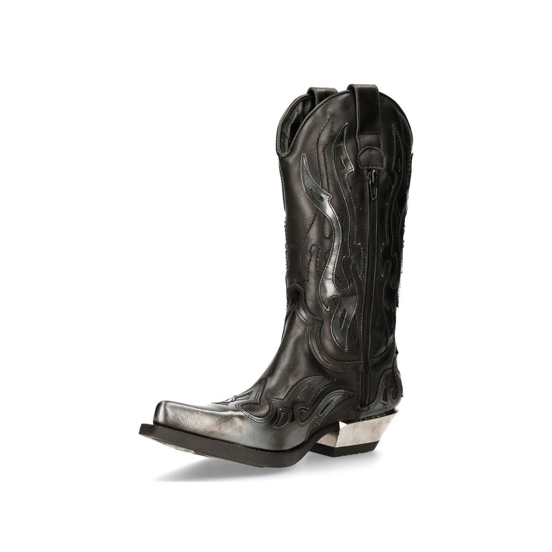 New Rock Flame Accented Black/Silver Leather Biker Cowboy Boots- M-7921-S3 - Upperclass Fashions 
