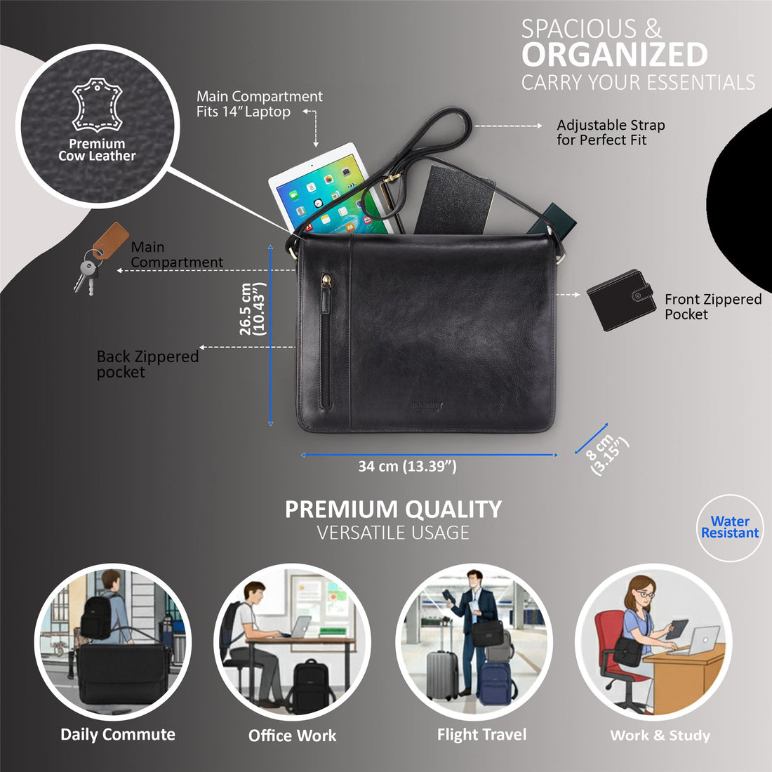 Genuine Leather Black Laptop Satchel Messenger Shoulder Bag - Astor