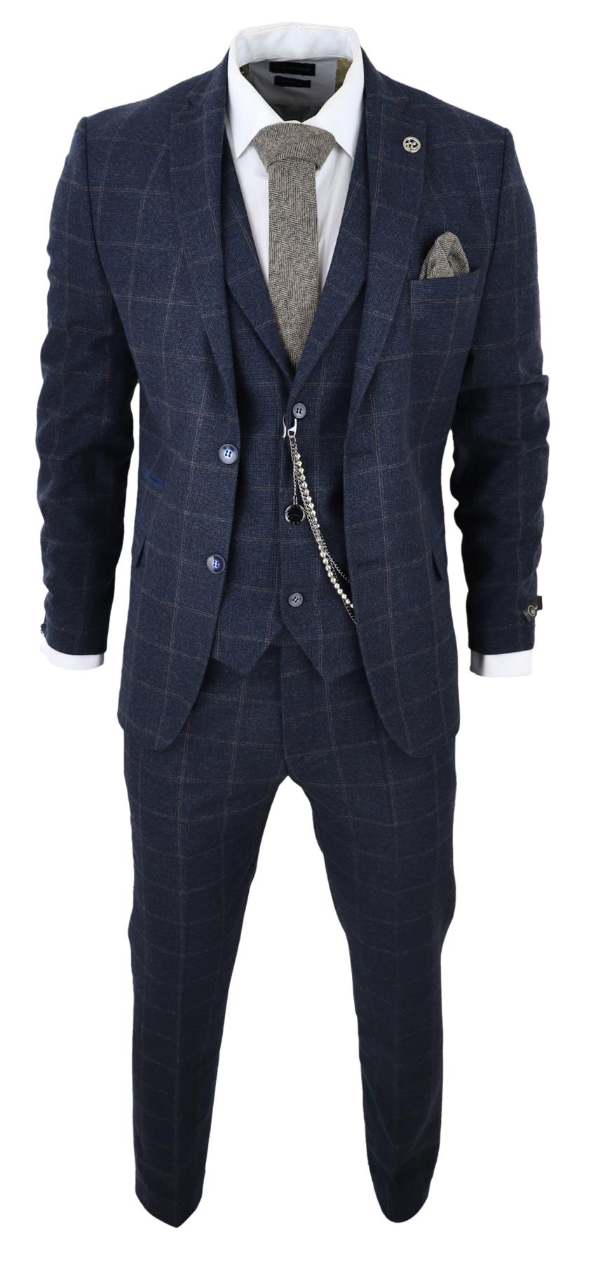 Mens Piece Wool Suit Navy Blue Tweed Check Peaky Blinders 1920