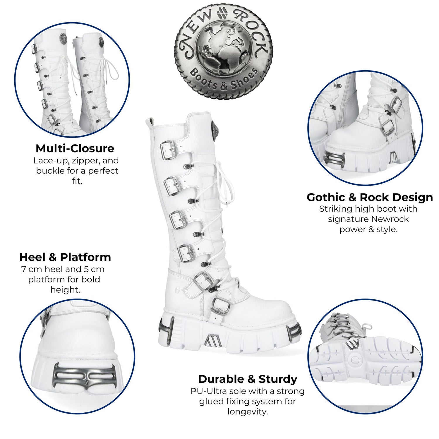 New Rock M-272-C69 Knee High White Leather Gothic Boots