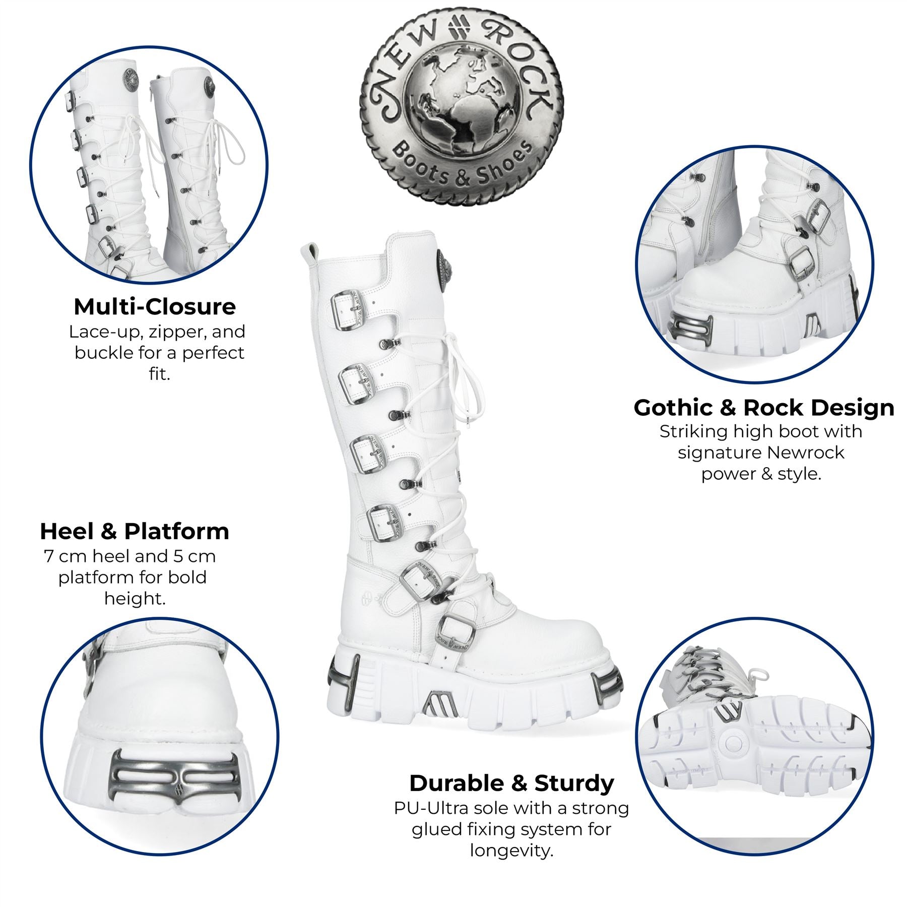 New Rock M-272-C69 Knee High White Leather Gothic Boots