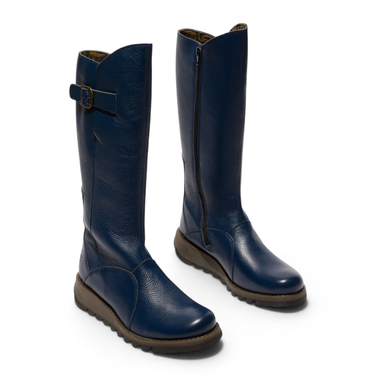 Fly London Womens Navy Leather Wedge Heel Knee High Long Boots - MOL2