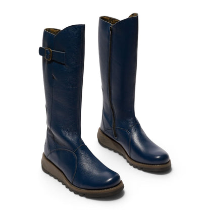 Fly London Womens Navy Leather Wedge Heel Knee High Long Boots - MOL2