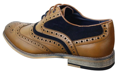 Mens Classic Navy Suede Oxford Brogue Shoes in Tan Leather