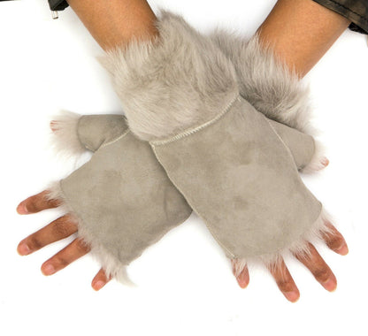 Womens Shearling Mittens Fingerless Cuffs Toscana Suede Sheepskin Fur - Upperclass Fashions 