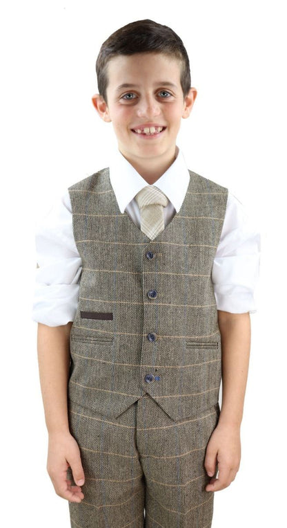 Boys 3 Piece Tan Brown Herringbone Tweed Check Classic  Suit