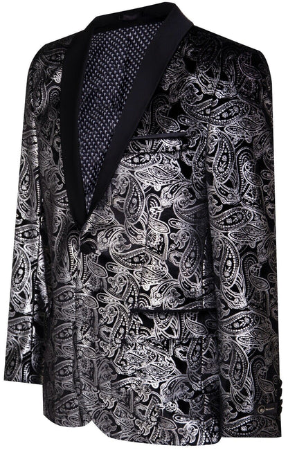 Mens Classic Silver Paisley Black Velvet Tuxedo Dinner Jacket Tailored Blazer - Upperclass Fashions 