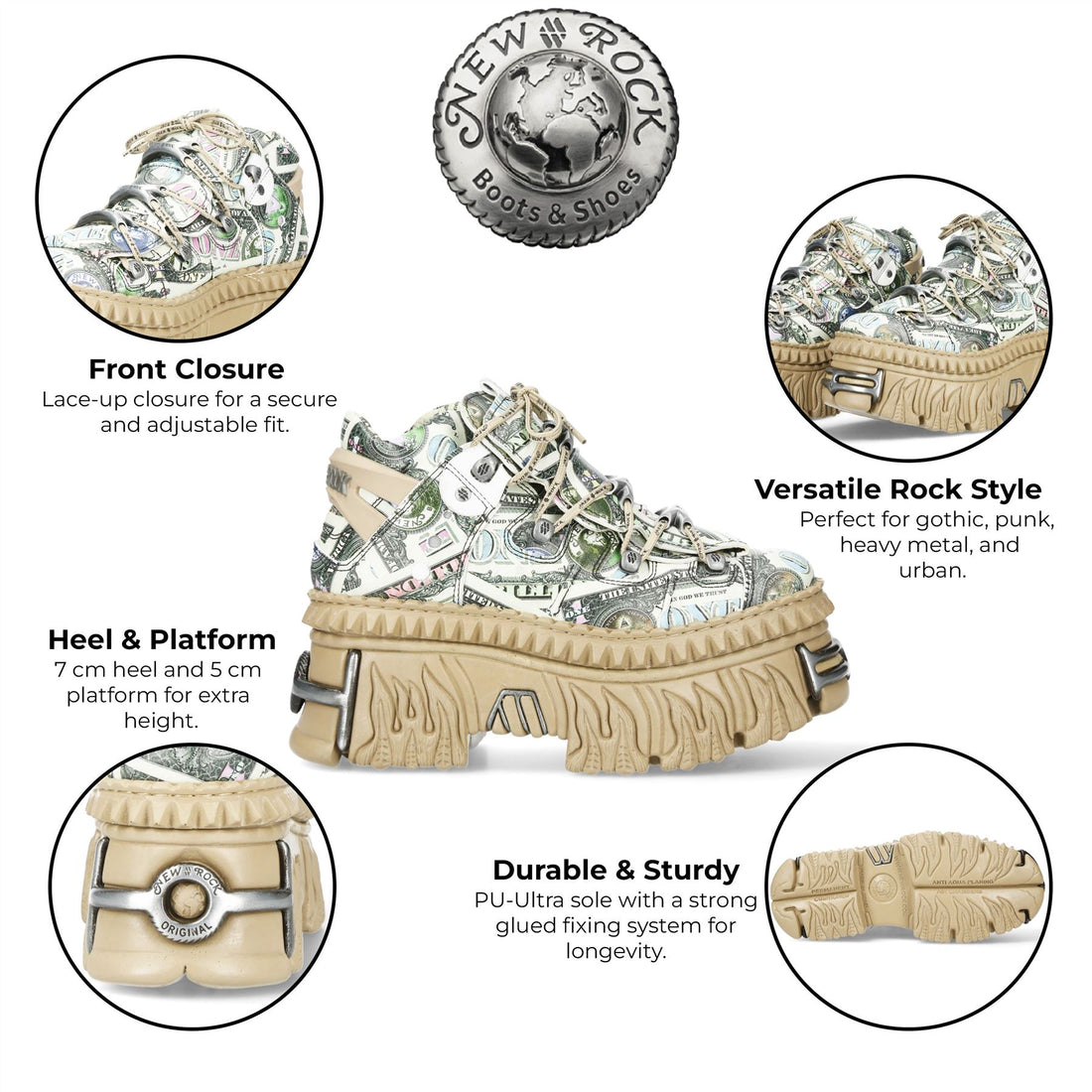 New Rock M-106WALL-C49 Dollar Bill Print Leather Platform Ankle Boots