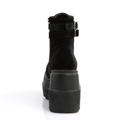 Demonia Shaker 52 Black Velvet Stacked Wedge Ankle Boots