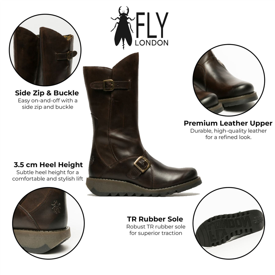 Fly London Womens Brown MES 2 Wedge Heel Buckle Mid-Calf Leather Zip Platform Boots