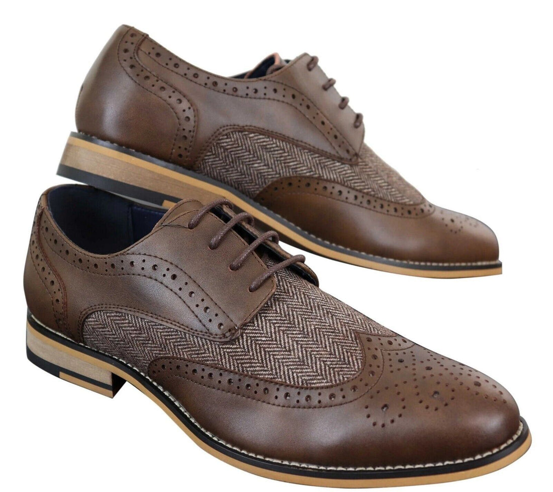 Mens Classic Oxford Tweed Brogue Shoes in Brown Leather - Upperclass Fashions 