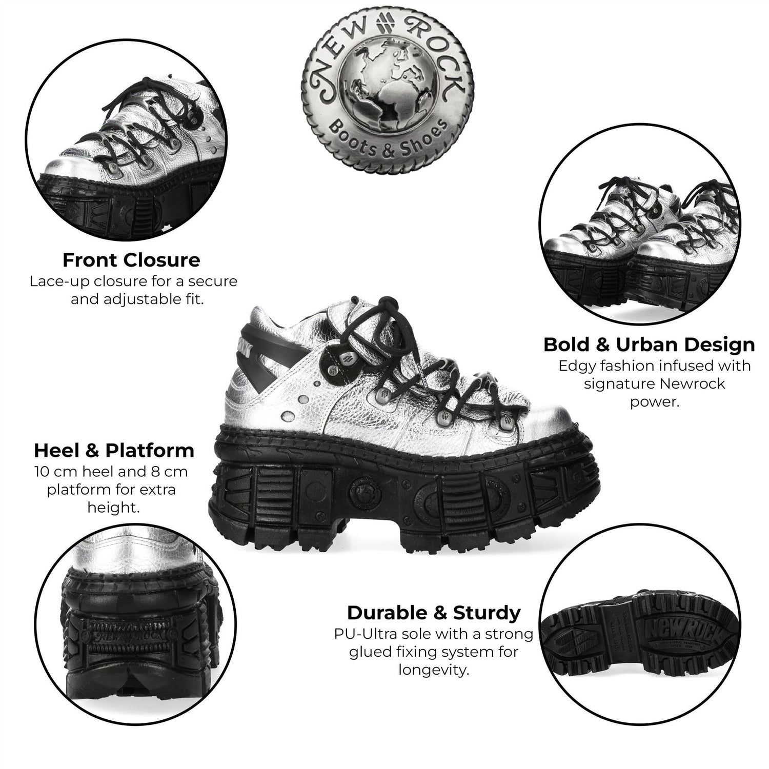 New Rock M-106WALL-C16 Metallic Silver Black Leather Gothic Ankle Boots