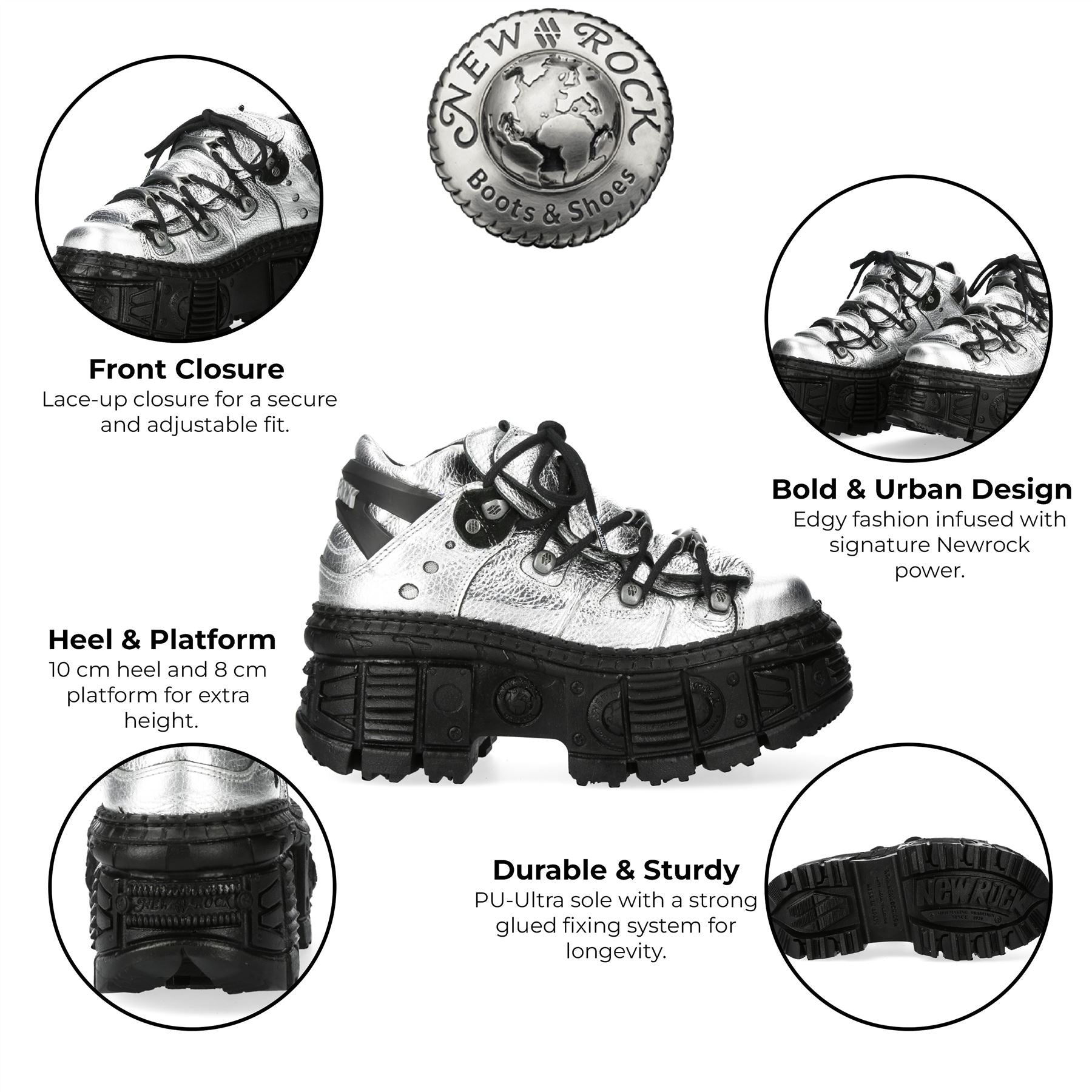 New Rock M-106WALL-C16 Metallic Silver Black Leather Gothic Ankle Boots