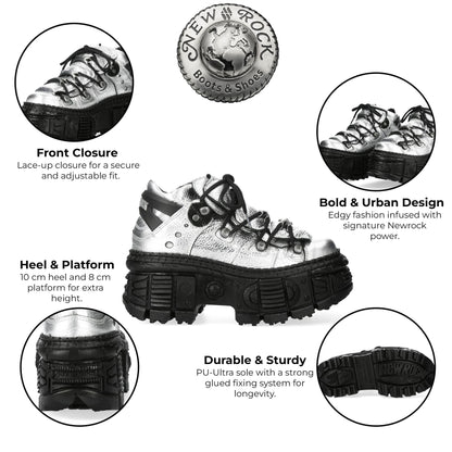 New Rock M-106WALL-C16 Metallic Silver Black Leather Gothic Ankle Boots