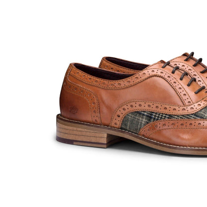 Mens Classic Oxford Tan Leather Gatsby Brogue Shoes with Tweed - Upperclass Fashions 