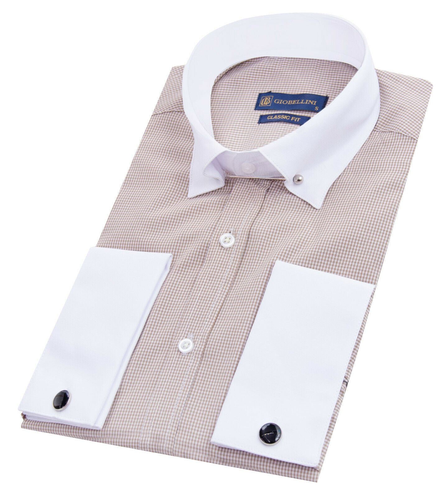 Mens Club Collar Beige Shirt 1920s Peaky Blinders With Bar Poplin Pin Smart - Upperclass Fashions 