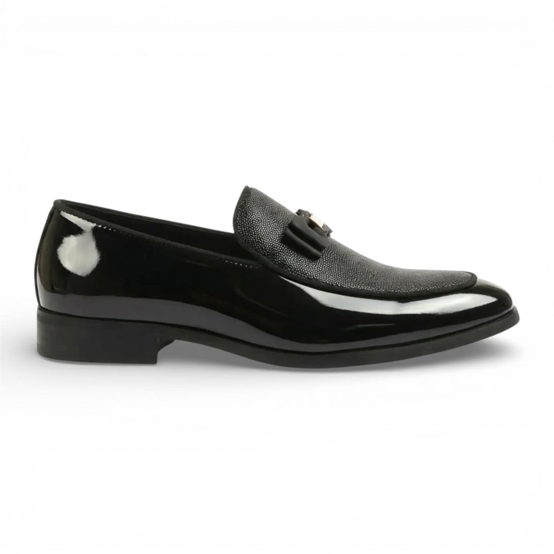 Mens Black Textured Front Iconic Buckle Bow Loafers Shoes