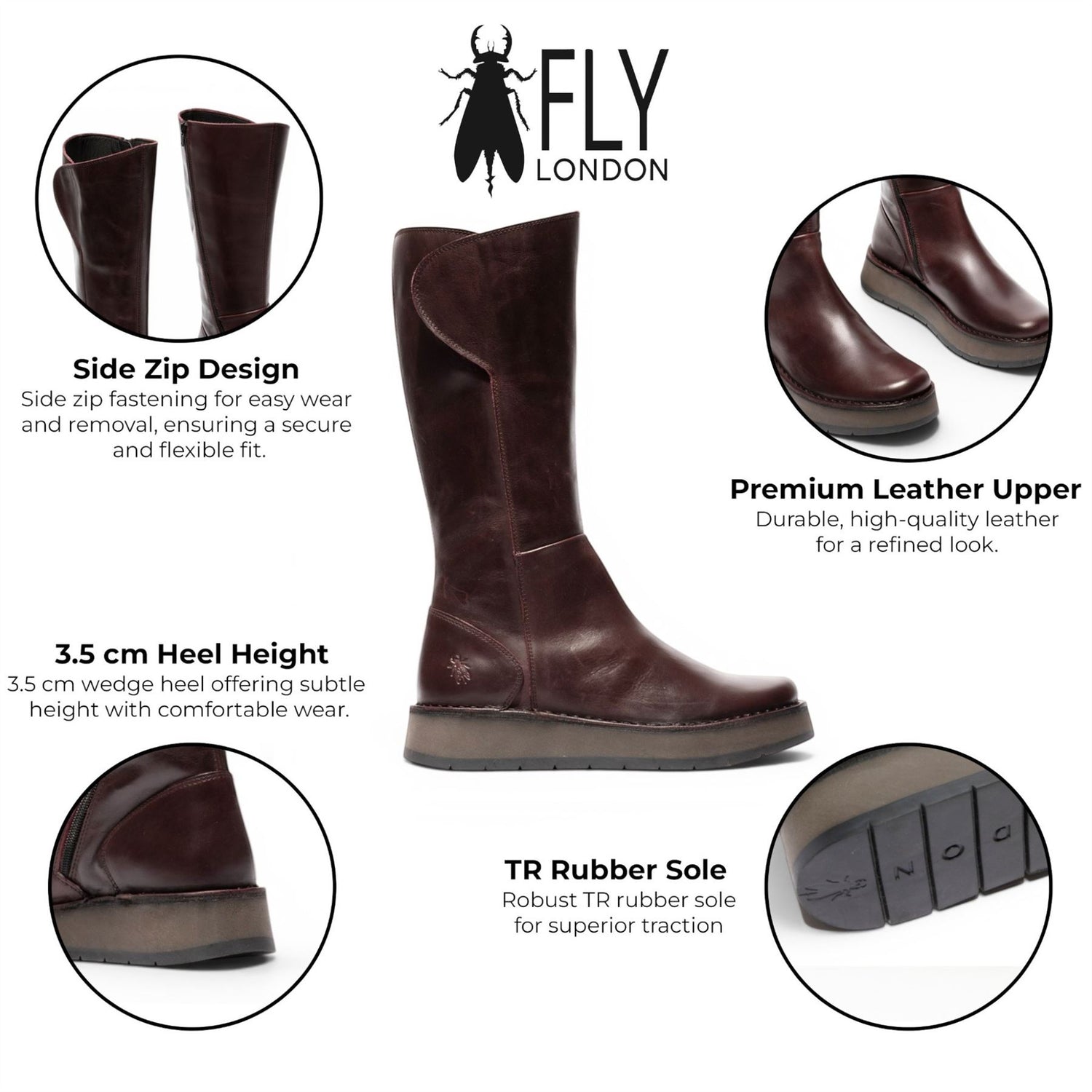 Fly London Womens Wine Leather High Pull On Long Boots - RHEA042